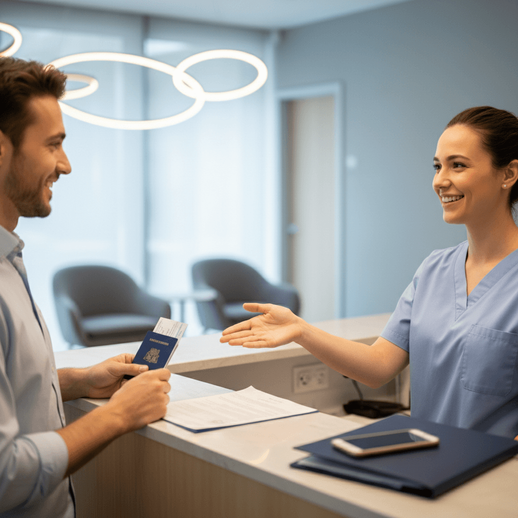 Assistant médical francophone accueillant des patients à l'entrée d'une clinique certifiée JCI en Turquie
