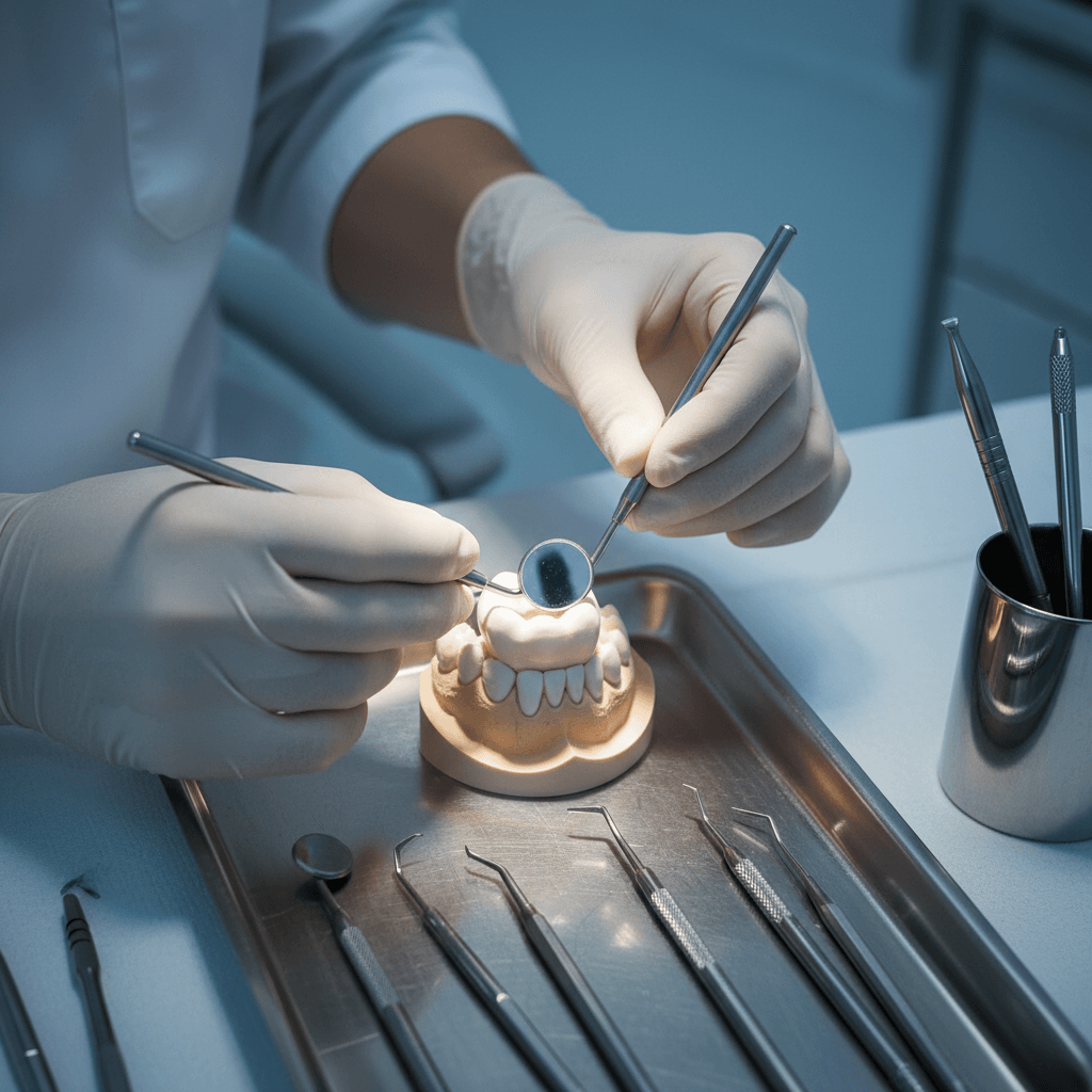 Instruments dentaires professionnels et modèle 3D lors d'une consultation en clinique turque certifiée JCI