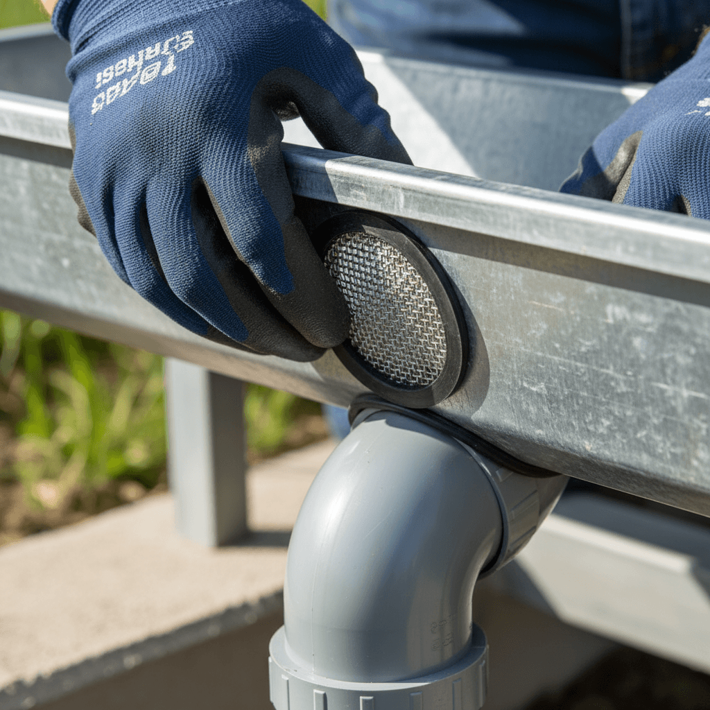 Installation d'un filtre anti-débris sur gouttière agricole pour raccordement à cuve de récupération d'eau pluviale