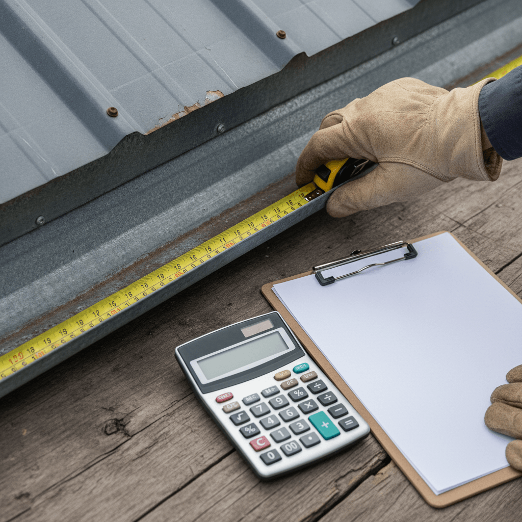 Agriculteur mesurant la surface de collecte de toiture avec mètre ruban pour calculer le volume de cuve nécessaire