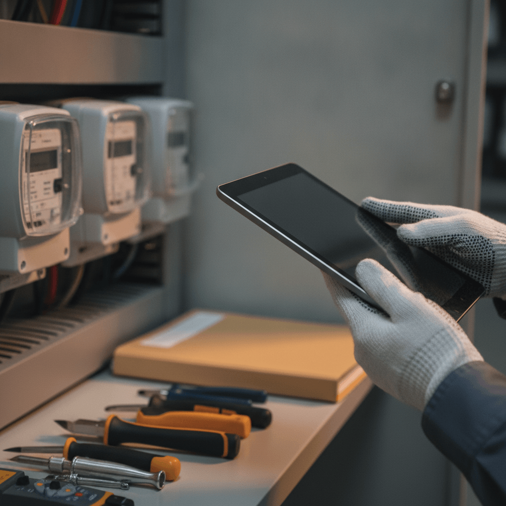 Technicien auditant les points de comptage énergétique avec tablette dans un tableau électrique de bâtiment tertiaire