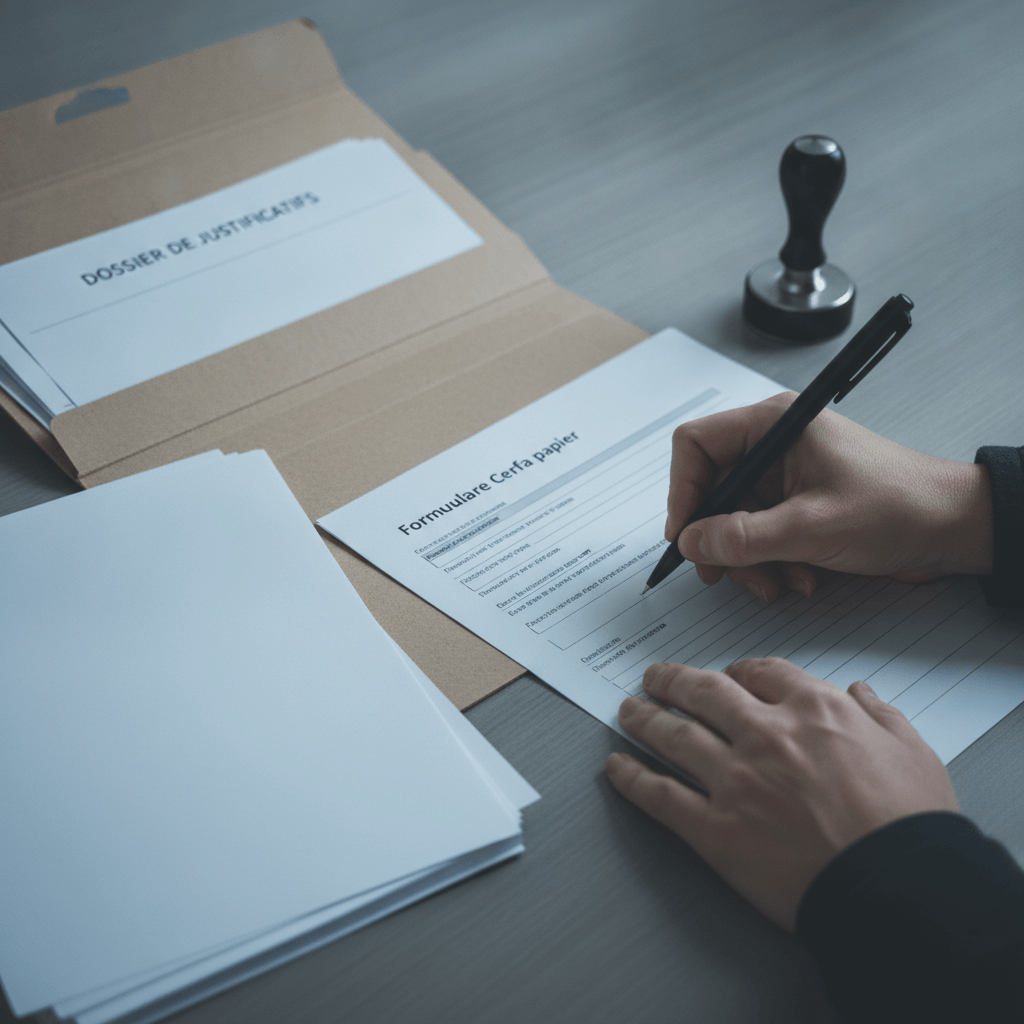 Mains remplissant un formulaire Cerfa papier pour une demande d'aide juridictionnelle avec documents justificatifs