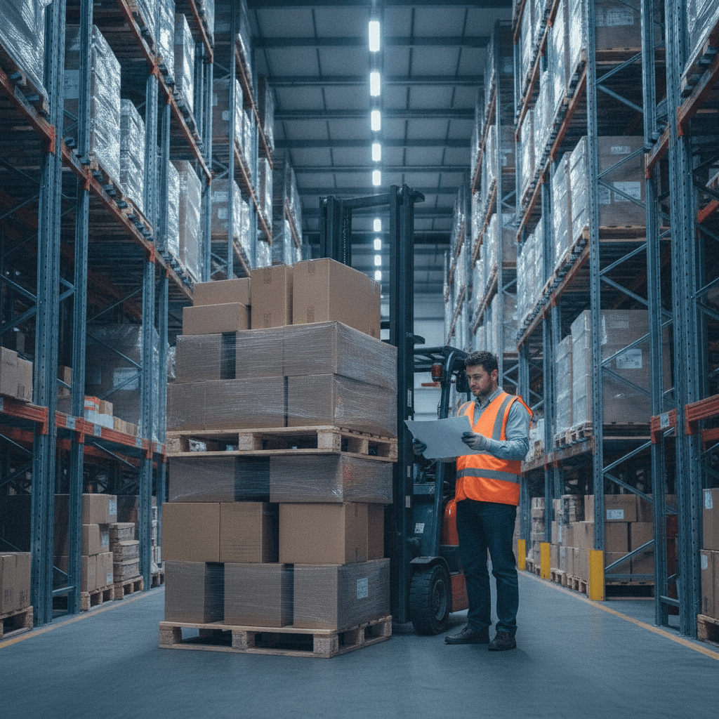 Entrepôt industriel B2B avec chariot élévateur et palettes illustrant la maturité de la dématérialisation des commandes